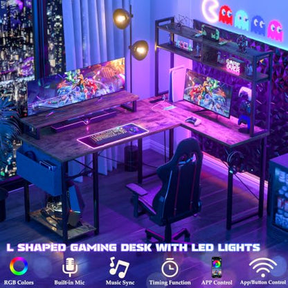 Aheaplus Small L Shaped Desk Gaming Desk with LED Lights & Power Outlets - color: Rustic Brown