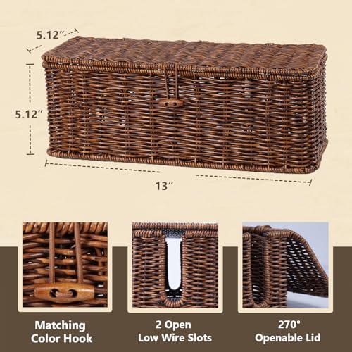 Cable Management Box, Cord Organizer with Lid & Cable Ties - Brown, M | Handmade Open Slots Cord Hider Outlet Covers for Power Strip TV PC Router Charger Under Desk Storage - color: Brown, size: M