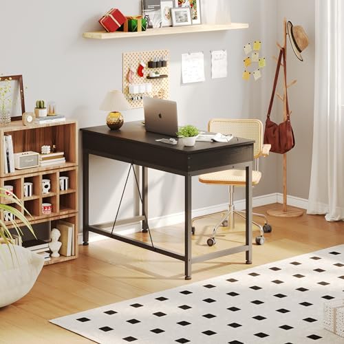 Mexin Small Black Desk with 2 Wooden Drawers, 40 Inch Home Office Writing Desk, Black Vanity Desk with Storage, Computer Desk for Bedroom Small Spaces, Table for Office, Work, Kids Study, Makeup - color: Black