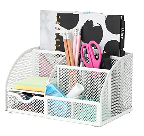 Exerz Desk Organizer 7 Compartments Metal Mesh Pen Holder Caddy White - color: White