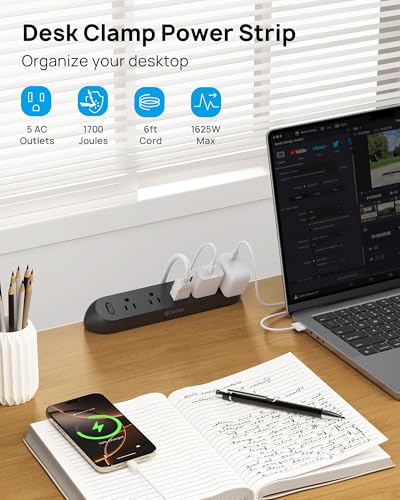 TROND Desk Clamp Power Strip, Surge Protector with 5 AC Outlets, for Home Office Desk Accessories, Black