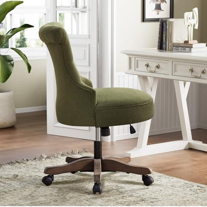 HUIMO Home Office Chair Upholstered Armless Swivel Desk Chair with Wheels | Adjustable Height Computer Desk Chair with Wooden Legs linen Comfortable Swivel Chairs for Farmhouse Study Studio Green - color: Green