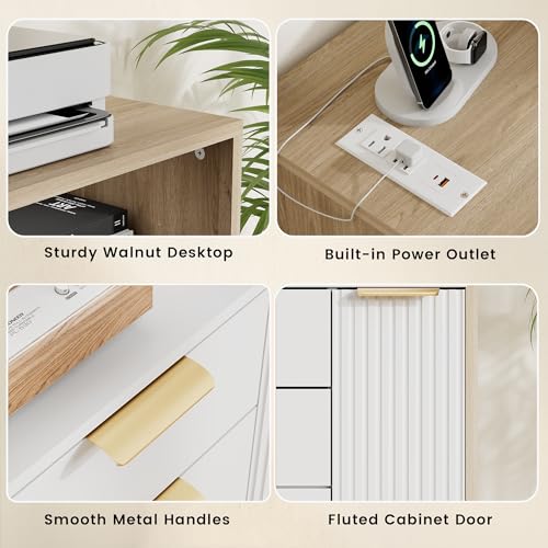 ModernMate Fluted Mobile File Cabinet with Charging Station | 37" Rolling Storage Cabinet with 3 Drawers, Printer Stand with Wheels for Home Office, Light Walnut - color: Light Walnut