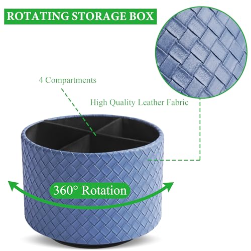 Round Leather Art Supply Organizer,Remote Control Holder,360 Degree Spinning,Multi-Functional Pencil Holder,4 Compartments Desktop Stationary Organizer(1-Weave Blue) - color: 1-Weave Blue