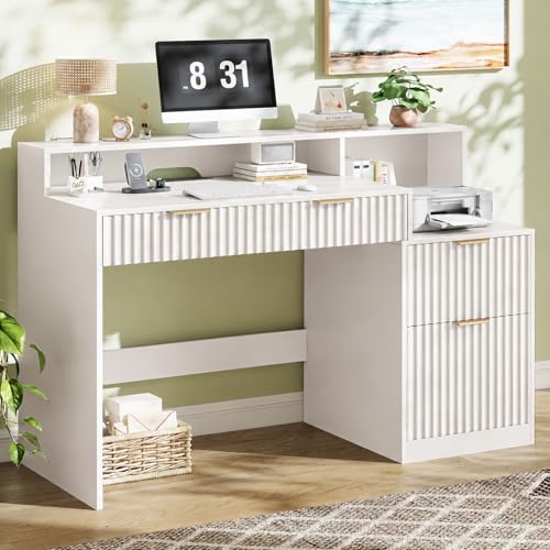 Vabches Fluted Computer Desk with Drawers, Home Office Desk with Power Outlets, Printer Stand and Storage Cabinet, Study Writing Desks with Long Monitor Stand, White - color: White