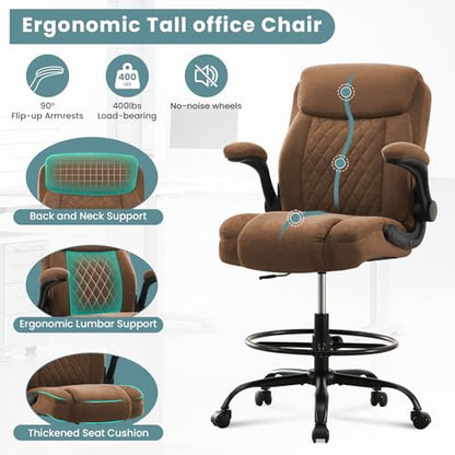 MAHOMICO Drafting Chair for Standing Desk – Tall Office Chair with Adjustable Height & Foot Ring, Flip-Up Arms, Lumbar Support – Comfortable Fabric Seat, Ideal Home Desk Chair - color: Brown