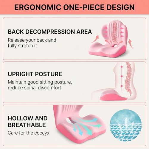 Ergonomic Lumbar & Seat Support Cushion | 2-in-1 Memory Foam Cushion with Coccyx Hollow Design for Office Chair, Car Seat, Home Use - Relieves Back & Hip Pain (Pink) - color: Pink