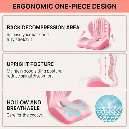 Ergonomic Lumbar & Seat Support Cushion | 2-in-1 Memory Foam Cushion with Coccyx Hollow Design for Office Chair, Car Seat, Home Use - Relieves Back & Hip Pain (Pink) - color: Pink
