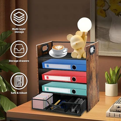 Desk Organizer, 5-Tier Desktop File Organizer with Drawer, Wooden Paper Tray Organizer, Office Desk Organzier and Accessories for Papers, Mail, Notebooks, Stationery - size: 5 Tier Drawer