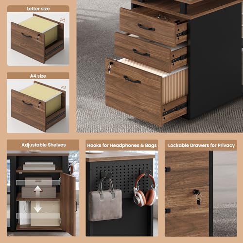 78" Executive Desk with Lockable File Cabinet, L Shaped Office Desk with Power Outlets, Large Executive Desk with Drawers and Storage Shelves , Reversible Computer Desk with Privacy Screen, Walnut - color: Walnut