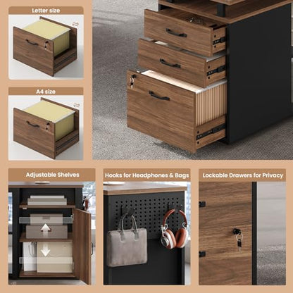 78" Executive Desk with Lockable File Cabinet, L Shaped Office Desk with Power Outlets, Large Executive Desk with Drawers and Storage Shelves , Reversible Computer Desk with Privacy Screen, Walnut - color: Walnut