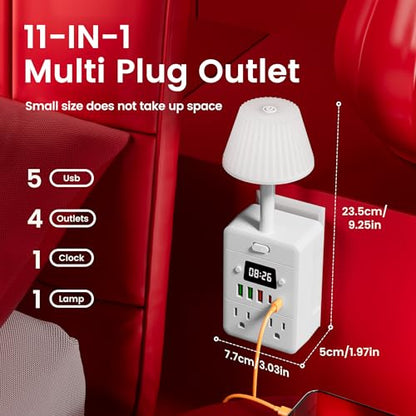Bedside Power Strip with Lamp & Digital Clock, 4 Outlets 5 USB Ports (2 USBC), 3-Color Temperature Dimmable Bedside Nightstand Light, Multi Plug Outlet Extender for Bedroom Home Office, Coffee Counter - color: White