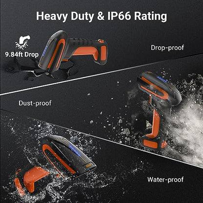 Tera Barcode Scanner Wireless with Stand: Industrial Drop-Resistant Orange | IP66, BT 2.4G USB, 640*480 CMOS Global, 1D 2D QR Reader, 650 Scans/Sec, 2500mAh, Warehouse Logistics Retail Library School