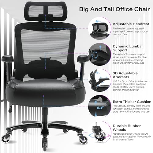 600lbs Big and Tall Office Chair, Heavy Duty Executive Computer Desk Chair | 3D Flip Arms, Large Wheels, Ergonomic Design, Extra Wide Seat, Adjustable Lumbar Support&Headrest, Mesh High Back Chair - color: Black-black Armrests