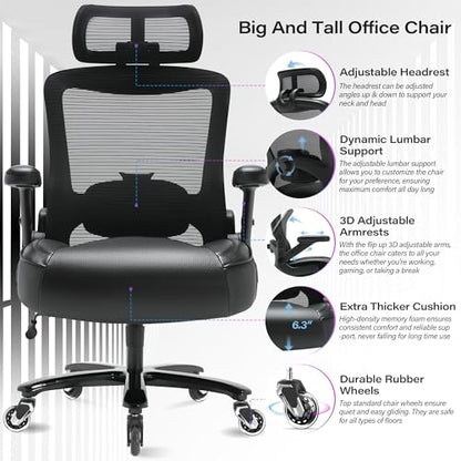 600lbs Big and Tall Office Chair, Heavy Duty Executive Computer Desk Chair | 3D Flip Arms, Large Wheels, Ergonomic Design, Extra Wide Seat, Adjustable Lumbar Support&Headrest, Mesh High Back Chair - color: Black-black Armrests