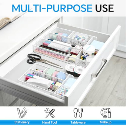 Desk Drawer Organizer, Office Drawer Divider Organizer Tray with 6 Compartments, Metal Mesh Desktop Organization and Accessories for Stationery Makeup Kitchen Toolroom School ＆ Office (Large-White) - size: Large-White