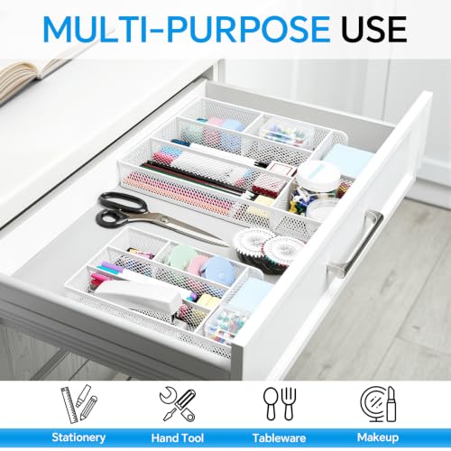 Desk Drawer Organizer, Office Drawer Divider Organizer Tray with 6 Compartments, Metal Mesh Desktop Organization and Accessories for Stationery Makeup Kitchen Toolroom School ＆ Office (Large-White) - size: Large-White