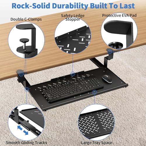 Keyboard Tray Under Desk - Full Metal Slide Out Holder, Rust-Resistant & Scratch-Proof, 26x13" Tray, Double C-Clamps for L Shape/Regular Desks, Standing/Sitting Workstation(Black-A) - color: Black