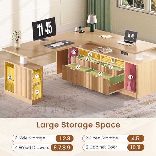 SEDETA Fluted L Shaped Executive Electric Standing Desk with 4 Drawers | 69" x 55" Height Adjustable Office Desk with Storage Shelves, Power Outlet, Sit Stand Computer Desk for Home Office, Natural - color: Natural