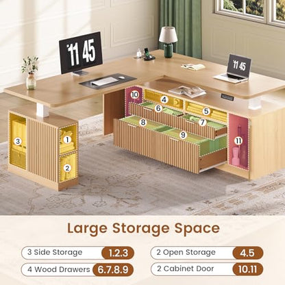 SEDETA Fluted L Shaped Executive Electric Standing Desk with 4 Drawers | 69" x 55" Height Adjustable Office Desk with Storage Shelves, Power Outlet, Sit Stand Computer Desk for Home Office, Natural - color: Natural