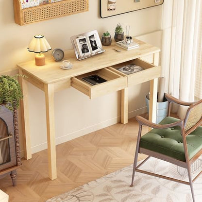 Solid Wood Desk with Drawers - 39 x 16 Inch Simple Narrow Desks, Rubber Wood Study Table, Small Writing Desk for Small Spaces|Bedroom - Natural Boho Desks - color: Natural, size: 39.4 in W x 15.7 in D