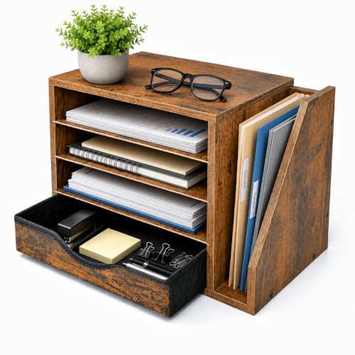 Wooden Desk Organizer with Drawers, 4 Tier Office File Organizer Wood, Paper Mail Organizer Countertop, Brown