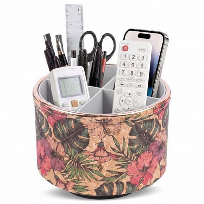 Round Leather Art Supply Organizer,Remote Control Holder,360 Degree Spinning,Multi-Functional Pencil Holder,4 Compartments Desktop Stationary Organizer(1-Gold Wood Banana) - color: 1-Gold Wood Banana