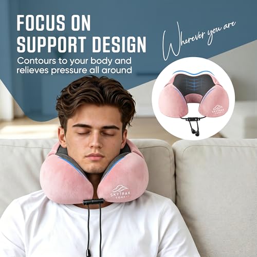 SkytraxComf® Travel Neck Pillow with Hood for Privacy on Long Flights | Memory Foam | Airplane Sleep | Safety-Tested Materials | Extra Large Hood | Chin Support | Earplugs | Washable Cover - color: Pink