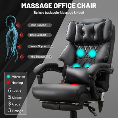 Massage Office Chair with Foot Rest,6 Points Vibration & Heat Executive Office Chairs,500LBS Big and Tall Office Chair for Heavy People,Ergonomic Reclining Desk Chair,Dual-Use Pillow,Home Office,Black - color: Black, size: 6 Point Vibration