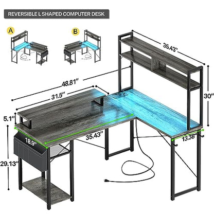 Aheaplus Small L Shaped Desk Gaming Desk with LED Lights & Power Outlets - color: Black Oak