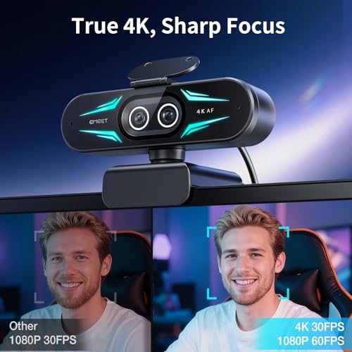 EMEET C60E Dual-Camera 4K Webcam for Streaming, Wide-Angle and Telephoto Cameras, Max 11X Hybrid Zoom & PDAF Autofocus, Remote Control, RGB Lighting, 2 Mics, Ideal for Livestreaming and Online Meeting - style: Dual-Camera w/ Remote