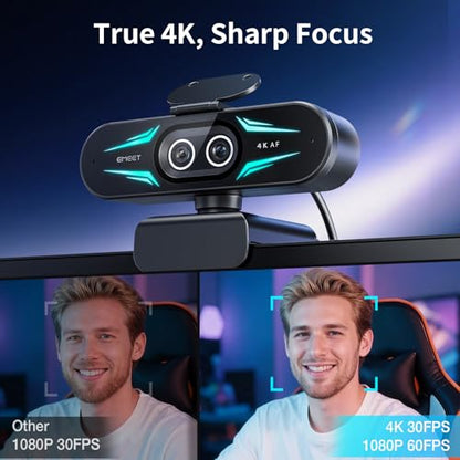 EMEET C60E Dual-Camera 4K Webcam for Streaming, Wide-Angle and Telephoto Cameras, Max 11X Hybrid Zoom & PDAF Autofocus, Remote Control, RGB Lighting, 2 Mics, Ideal for Livestreaming and Online Meeting - style: Dual-Camera w/ Remote