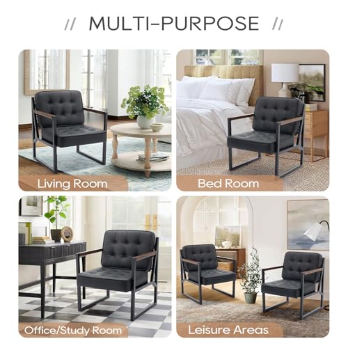 COLAMY Mid Century Modern Accent Chair Set of 2, Comfy Living Room Chair, Black Leather Accent Chair, Faux Leather Reception Armchair with Metal Legs for Living Room Bedroom Reception Office, Black - color: Black, size: Set of 2