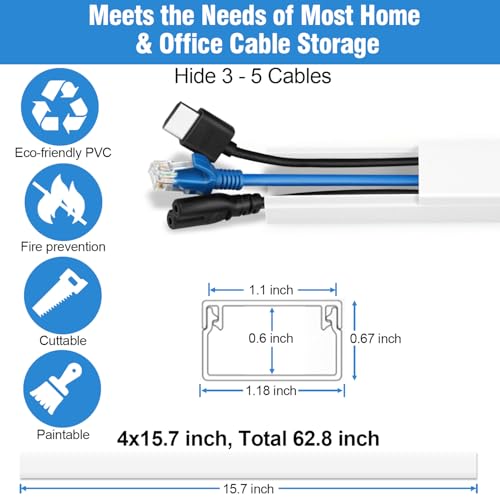 Cord Hider, 62.8in Cable Hider, Cord Covers for Wires on Wall, Wire Covers for Cords, Wire Hiders for TV on Wall, Easier Setup Cable Cover Cable Management, 4X L15.7 W1.18 H0.67in - size: Large-62.8In