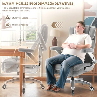 Fabric 600LBS Heavy Duty Office Chair with 5D Flip Arms for Heavy People,Comfy Cloth Big and Tall Desk Chair with Pocket Spring Cushion,High Back Computer Chair with Adjustable Lumbar Support - color: Fabric Grey