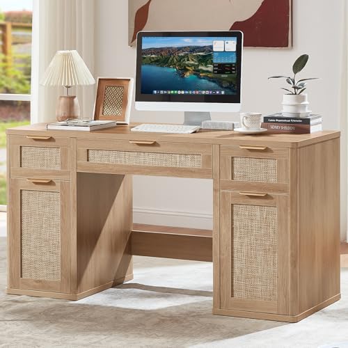 LEYAOYAO Office Desk 56" with 5 Drawers Storage File Cabinet, Natural - color: Natural