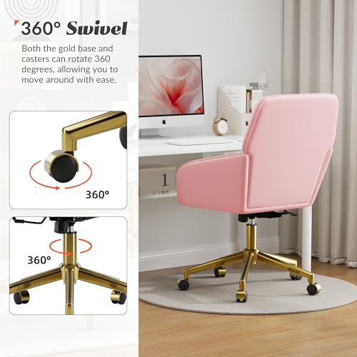 YITAI Velvet Office Desk Armchairs with Gold Base and Wheels,Modern Height Adjustable 360 Degree Swivel Upholstered Vanity Chairs for Living/Room Bedroom/Study,Pink - color: Gold Pink