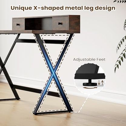 Manora Computer Desk with Drawers and Monitor Stand, 47" Home Office Desk with Storage Shelf, Rustic Brown Writing Study Table with Metal Frame for Bedroom, Workstation for Laptop PC