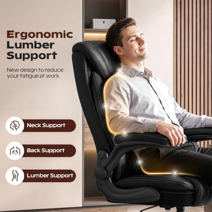 BestGlory Office Chair, Ergonomic High Back Home Office Desk Chair, Big and Tall Breathable Leather Office Chair with Lumbar Support Flip-Up Armrests, Computer Gaming Chair with Rocking Function - color: Black, style: Without Footrest