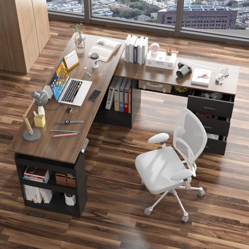 MOUMON Electric Standing Desk with Drawers and Shelves, Executive Adjustable Height Stand Up Desk, L-Shaped Design, 63 inch Tabletop, for Office Deep Brown and Black 63”W x 63”D x 28.9-45.3”H - color: Deep Brown and Black, size: 63”W x 63”D x 28.9-45.3”H