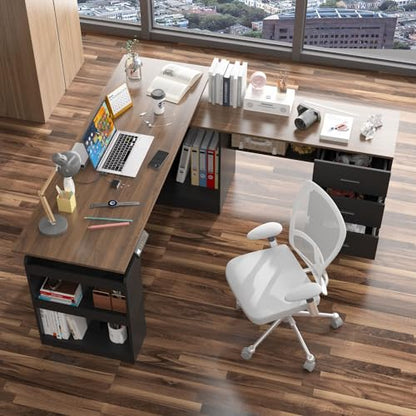 MOUMON Electric Standing Desk with Drawers and Shelves, Executive Adjustable Height Stand Up Desk, L-Shaped Design, 63 inch Tabletop, for Office Deep Brown and Black 63”W x 63”D x 28.9-45.3”H - color: Deep Brown and Black, size: 63”W x 63”D x 28.9-45.3”H
