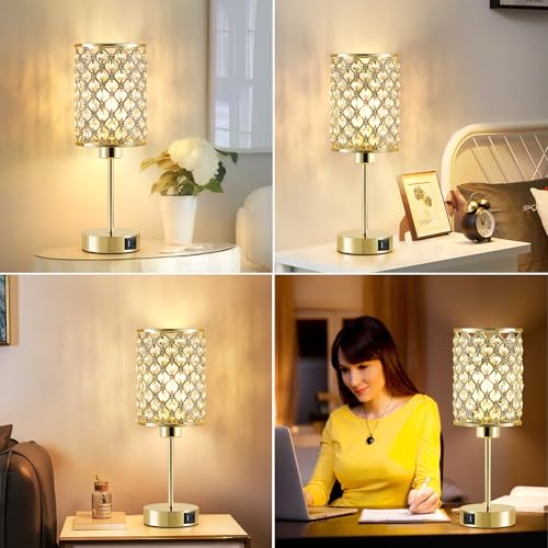 Crystal Table Lamp, Gold Touch Lamp with USB C+A Port, 3-Way Dimmable - color: Gold, size: 14.75"