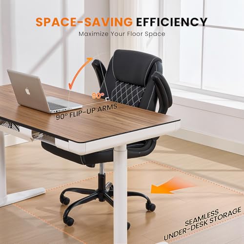 Executive Office Chair with Lumbar Support & Flip-up Arms, Black | Ergonomic Desk Chair, 90–115° Tilt & Rocking, 20.1" Wide Seat, PU Leather, for Home Offices & Conference Rooms, 300Lbs - color: Black
