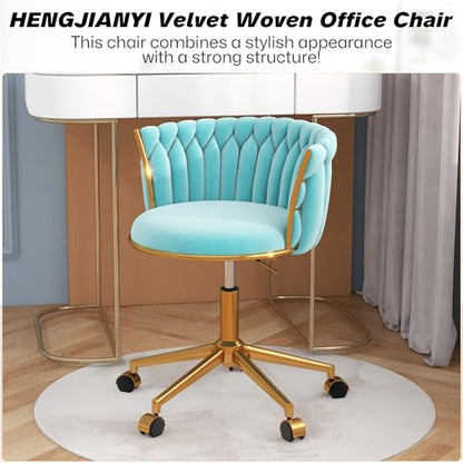 HENGJIANYI Velvet Woven Home Swivel Vanity Desk Chair with Gold Base, Cyan | Modern Height Adjustable Office Chair with Metal Base and Hand Weaving Back Wheels for Bedroom Study Small Space girl women - color: Cyan