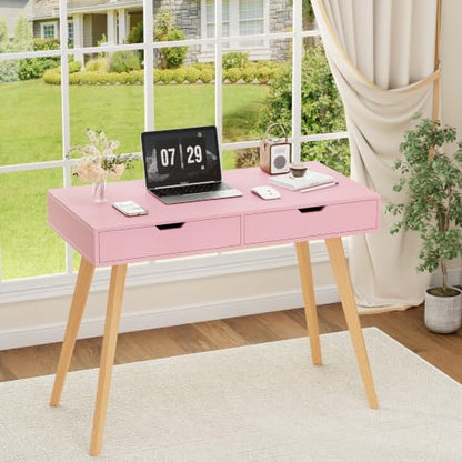 FOTOSOK Writing Desk with 2 Drawers, Small Cute Desk Makeup Vanity Table | Wood Computer Desk with 4 Solid Oak Legs, Home Office Desk & Study Table, Mid Century Desk for Bedroom Small Spaces, Pink - color: Pink