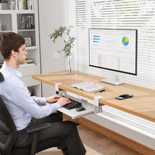 BONTEC Under Desk Keyboard Tray, Pull-Out Keyboard & Mouse Platform | C-Clamp Mount, Space-Saving Ergonomic Slide-Out Drawer, 31.3 in Including Clamps, 20 x 11.8 in Tray, White - color: White, size: 20" x 11.8"