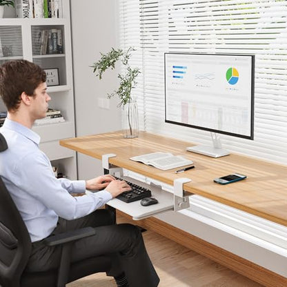 BONTEC Under Desk Keyboard Tray, Pull-Out Keyboard & Mouse Platform | C-Clamp Mount, Space-Saving Ergonomic Slide-Out Drawer, 31.3 in Including Clamps, 20 x 11.8 in Tray, White - color: White, size: 20" x 11.8"