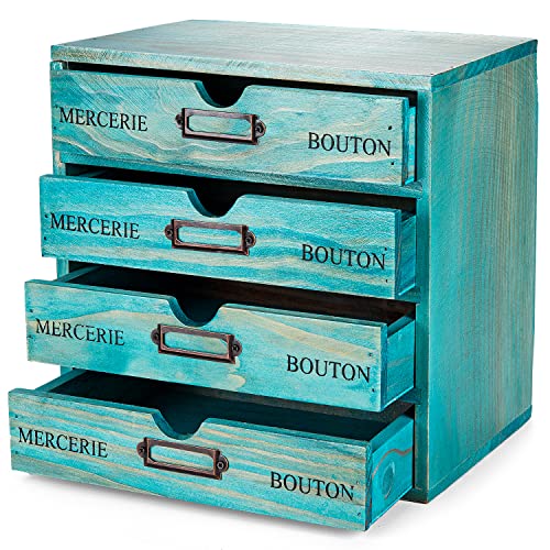 Turquoise 4-Tier Drawer Unit - Teal European Country Style Desk Organizer Box - 9.7x7x10 Wooden Stackable Drawers - Countertop Organizer Drawers w/Label Holder - 4-Level File Drawer Unit - style: 4 Drawer I 10"