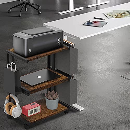 VEDECASA 2 Tier Rustic Brown Wooden Under Desk Printer Stand with Storage Bag for Home Office Desktop Printer Table Organizer Mobile Printer Shelf Cart with Caster Wheel - color: Rustic Brown