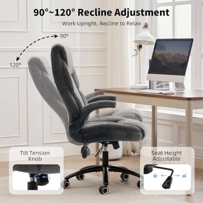 Fabric Office Chair with Inflatable Lumbar Support, Executive Ergonomic Desk Chairs with Flip Arms, High Back Cloth Computer Chair Rocking Function, Heavy Duty Metal Base 300 lbs Capacity| Grey - color: Grey